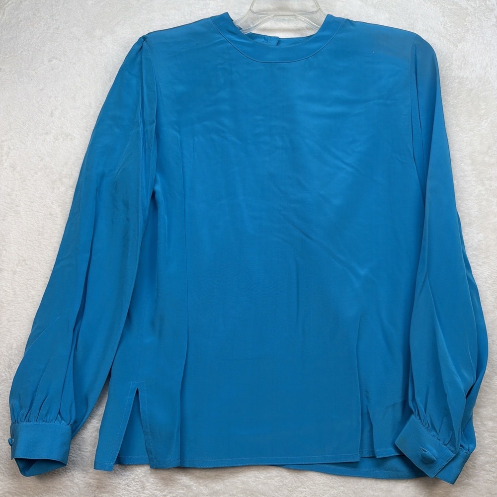 DONCASTER Silk Blouse Blue Minimalist Career Office Long Sleeve Top XS
